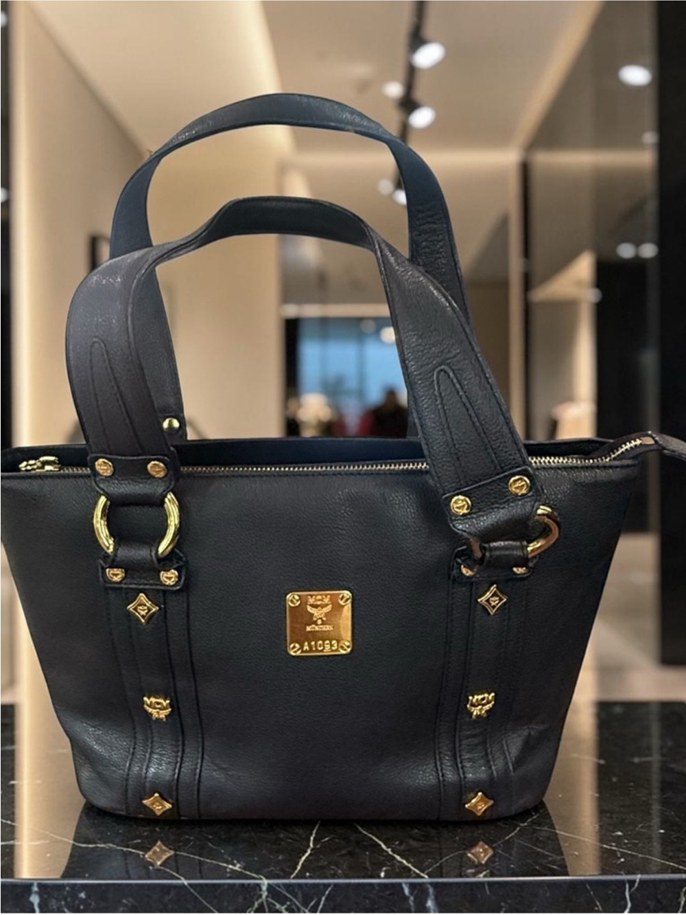 MCM Black Leather Tote with Gold Hardware